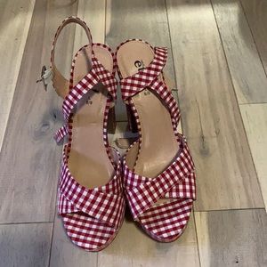 red and white platform heels